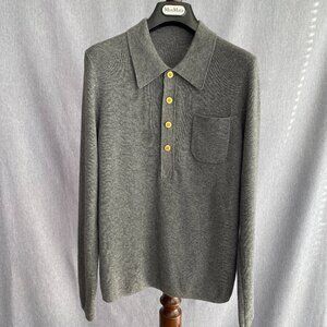 100% Virgin Wool Knit Heather Gray Polo Sweater | Quiet Luxury